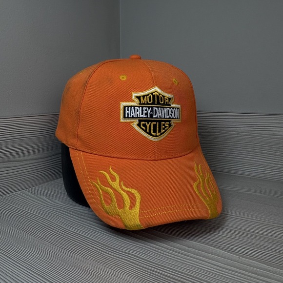 Harley-Davidson Other - Vintage Y2K Harley Davidson Orange Bar Shield Hat Motorcycle Biker Flame Cap